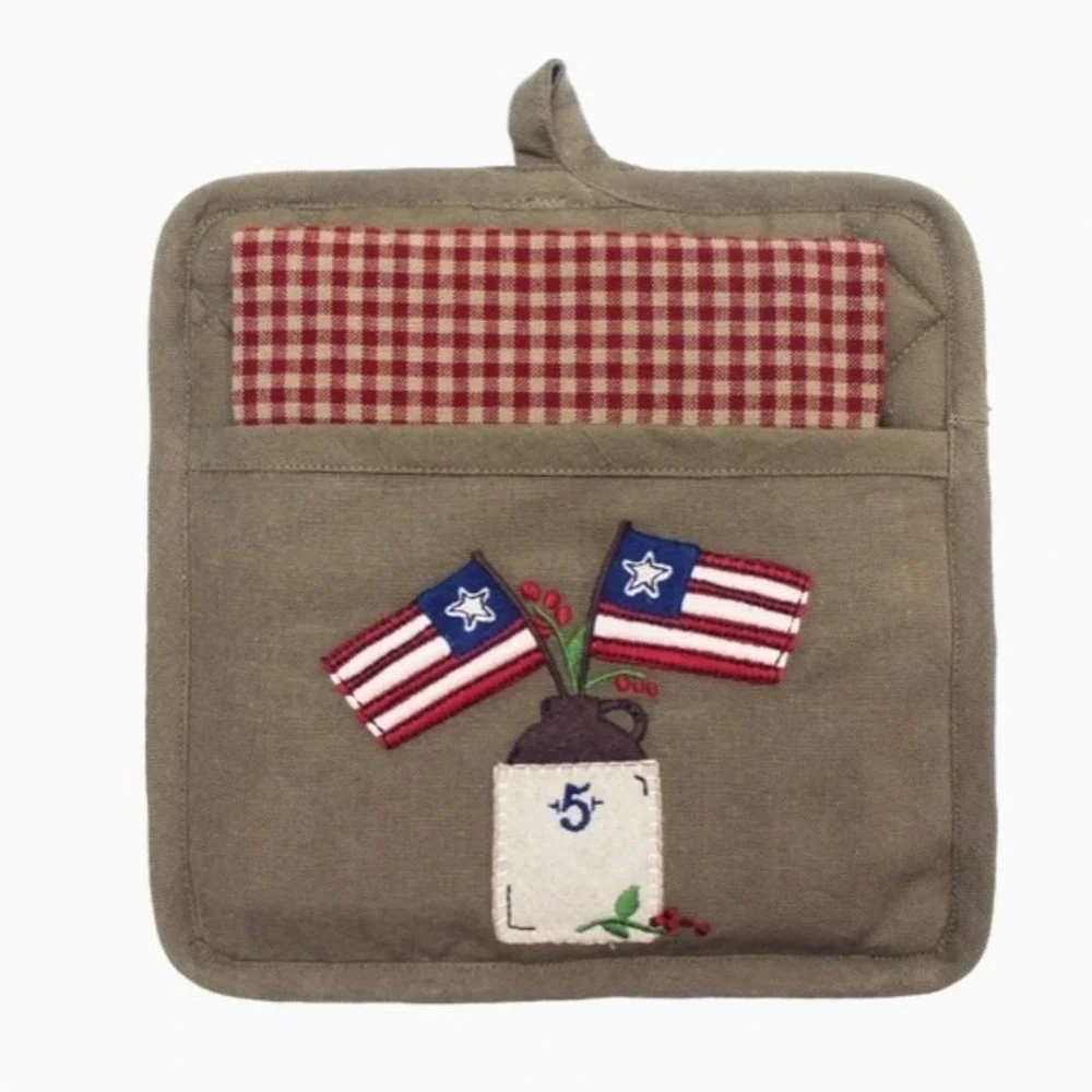 Primitive‎ American Flag & Crock Pocket Potholder & Linen Towel Set New